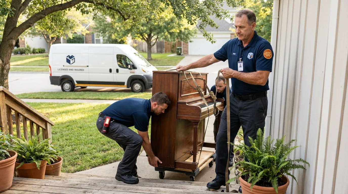 Licensed piano movers securing grand piano in Milton, LA