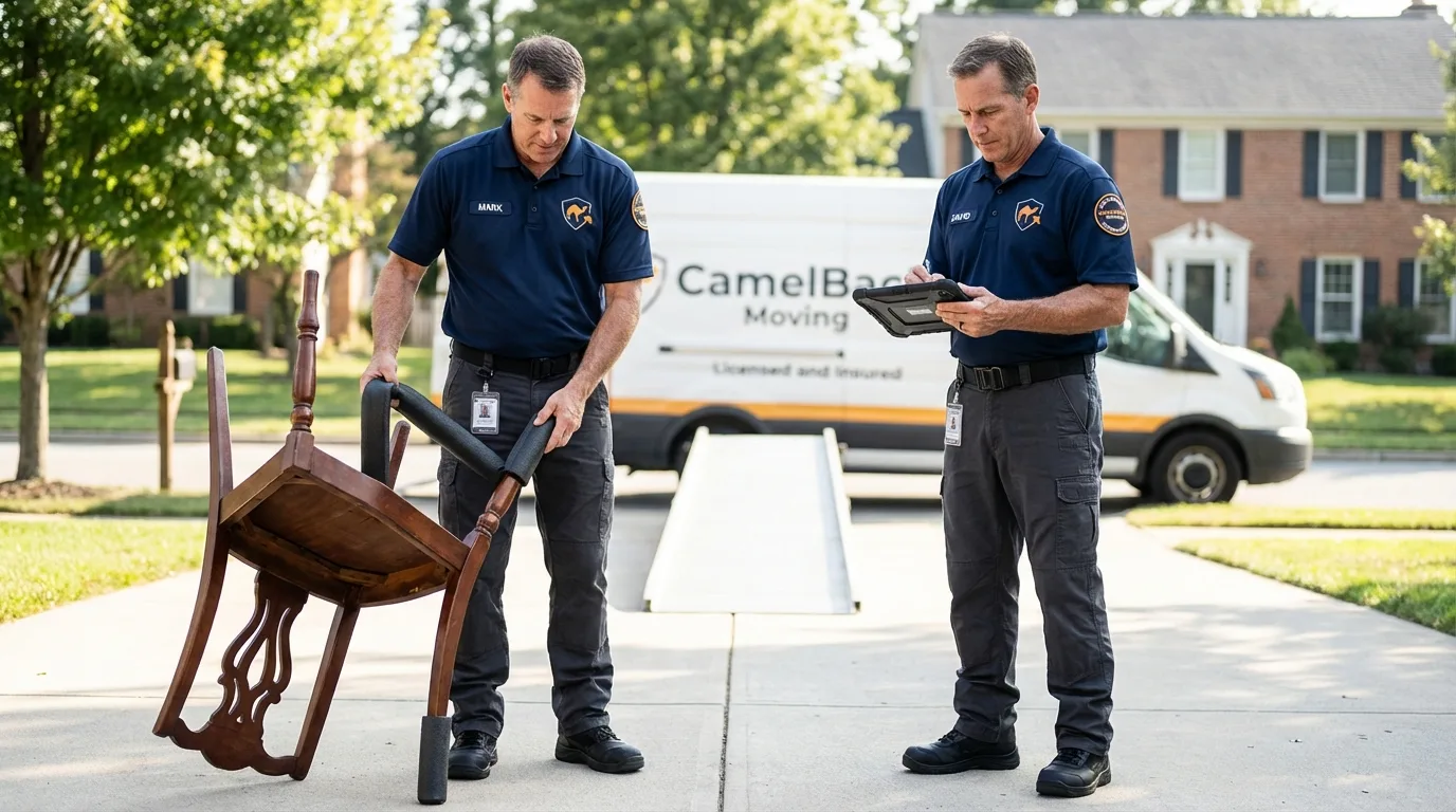 Movers inspecting furniture for damage prevention before loading in Milton, LA