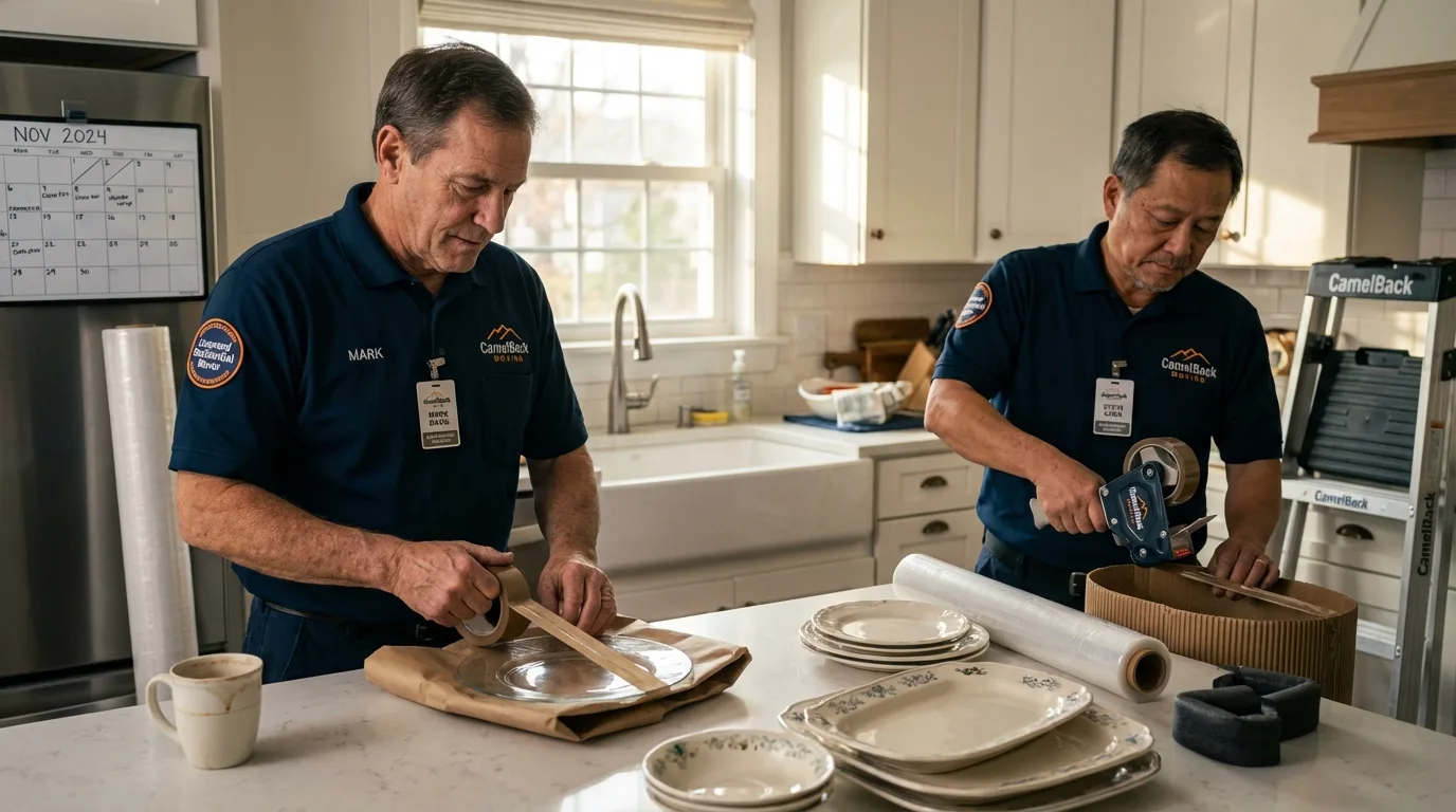 Professional crew packing kitchen dishware in Milton, LA